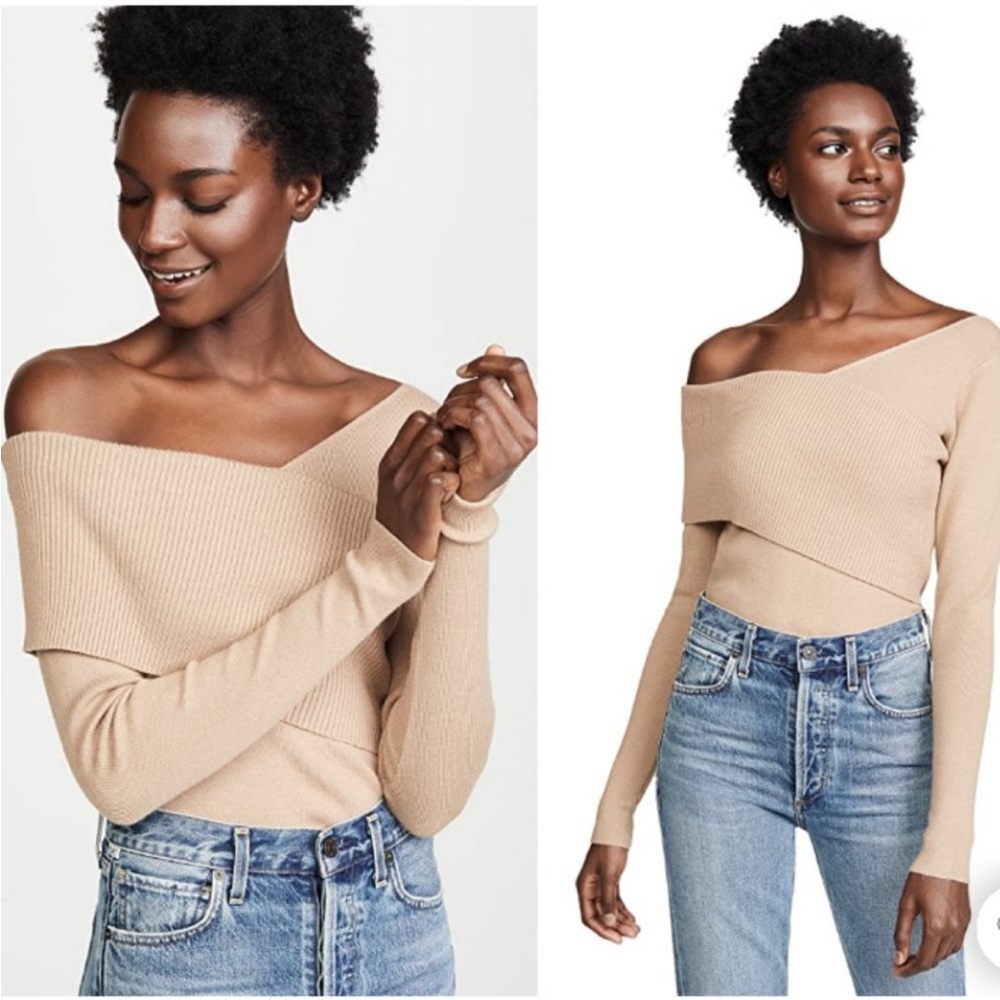 Line & Dot Off-the-Shoulder Sweater in Warm Tan